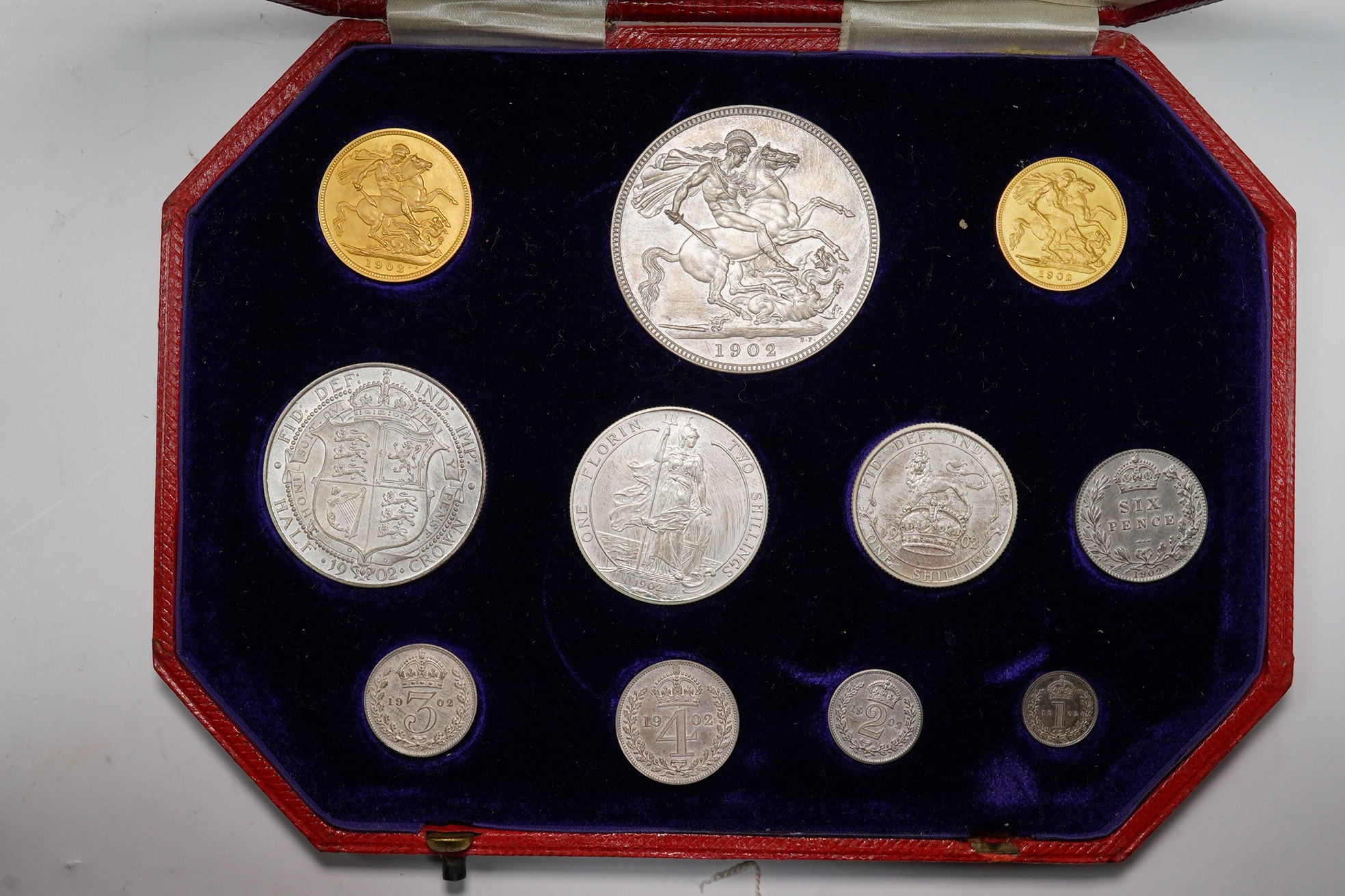 British gold and silver coins, Edward VII, matt proof eleven coin set, S.PS10, including gold sovereign and half sovereign, silver crown to sixpence and maundy 1d to 4d., the case inscribed ‘Specimen coins 1902’